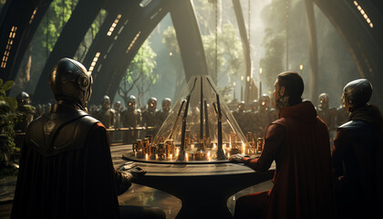 a council of few aliens species around a round table