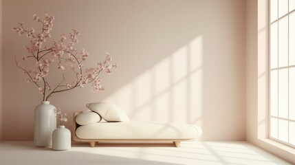 Fototapeta na wymiar Empty light pastel minimalistic room interior with vases, ikebana and sofa in Japanese style decor for zen practices