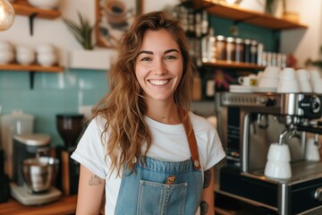 Fototapeta na wymiar Portrait of a beautiful barista girl in an apron in a modern cafe bar. Startup successful small business owner beauty woman stand in coffee shop restaurant. Business concept.