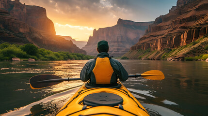 Men are kayaking on rivers and lakes with tall mountains on the side. and the sun sets beautifully

