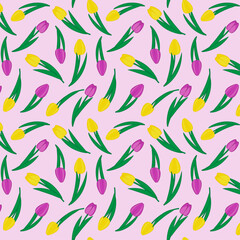 Seamless pattern with spring flowers for packaging and wrapping paper. Pink and yellow tulips with green leaves on a pink background. Vector cartoon illustration for paper gift bags and fabric. 