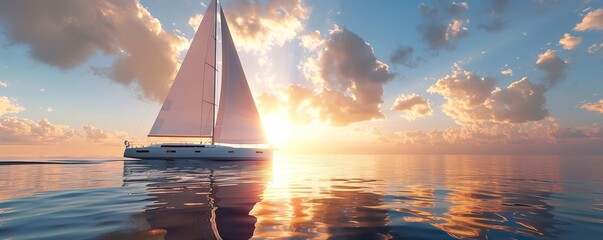 sailing boat at sunset - obrazy, fototapety, plakaty