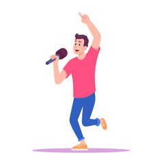 Young man in red T-shirt and sneakers dancing and singing karaoke song.