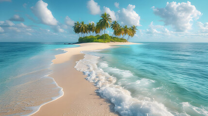 A beach walkway in the middle of the sea with coconut trees and a bright sky