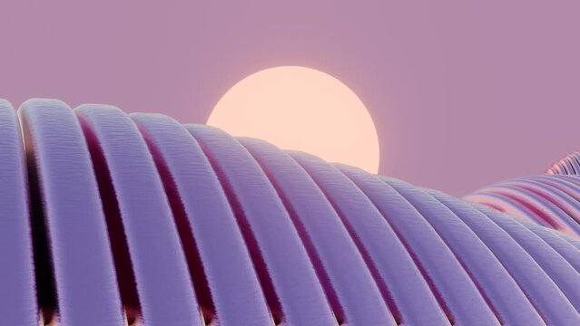 This 3D animation features a minimalist design of a retro wave landscape with a sun, blending modern aesthetics with nostalgic elements.