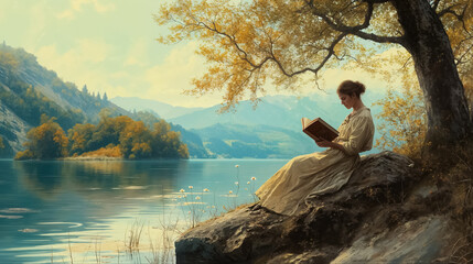 femme en train de lire, assise sur un rocher à côté d'un lac - style tableau ancien - obrazy, fototapety, plakaty