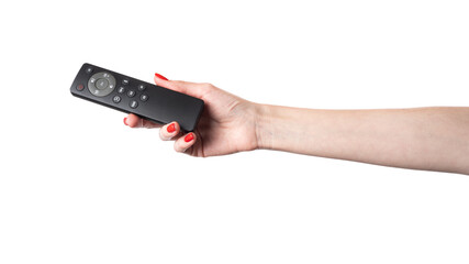 Hand holding audio and television remote control isolated on white background. Cliping Path.