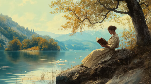 femme en train de lire, assise sur un rocher à côté d'un lac - style tableau ancien
