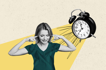 Photo image colage young girl suffer alarm bell time punctuality miss deadline loud noise avoid...