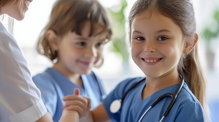 Little girl dressed in a professional nurse costume, portrays the role with dedication, demonstrating compassionate care and attentiveness towards patients. - obrazy, fototapety, plakaty