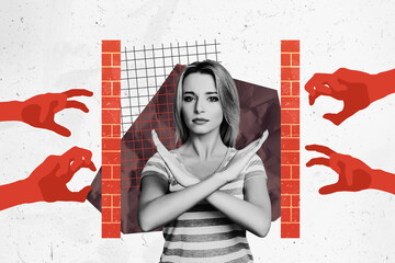 Collage young girl showing block gesture crossed hands brick walls slavery trap violence physical...