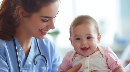The nurse provides attentive and tender care for infants, ensuring their well-being with heartfelt compassion, warmth and gentleness in a nurturing healthcare environment.