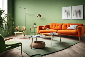Harmony of colors - a tangerine orange sofa and a glass coffee table in a Scandinavian room with an empty light green wall.