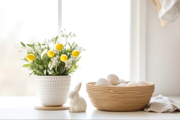 white Easter background with eggs, bunny rabbit figurine  and spring flowers in minimal kitchen near window in the morning or daytime - obrazy, fototapety, plakaty