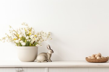 minimal Easter background with eggs, bunny rabbit figurine  and spring flowers on kitchen counter with copy space center and top - obrazy, fototapety, plakaty