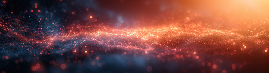 Abstract flow of light particles creating a wave-like pattern with a blend of warm and cool tones.