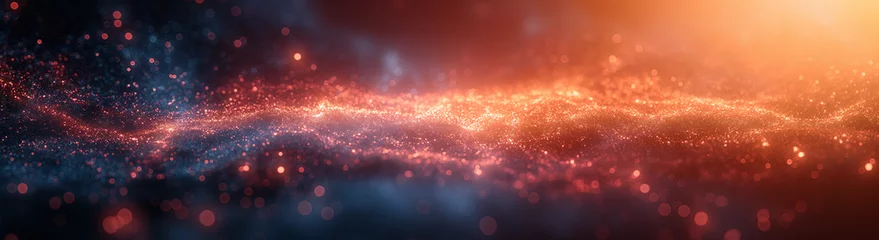 Fotobehang Abstract flow of light particles creating a wave-like pattern with a blend of warm and cool tones. © Valeriy
