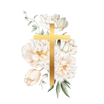 Watercolor Golden Cross With White Flowers. Clipart For Easter Design, Epiphany, Christening, First Communion, Baptism, Cards, Packaging, Invitations