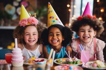 diverse children at kids girls birthday decorated party having fun wearing festive cone hats with cake and sweets desserts and snacks