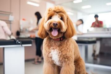 beige brown golden doodle dog at grooming salon being groomed. Purebred puppy hair care.