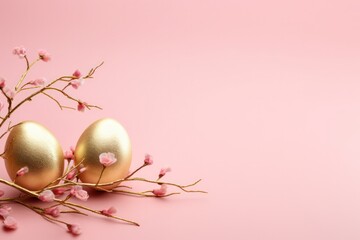 golden easter eggs with a spring branch on pastel pink background copy space right - obrazy, fototapety, plakaty