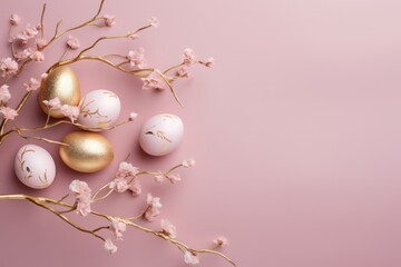 golden easter eggs with a spring branch on pastel pink background copy space right