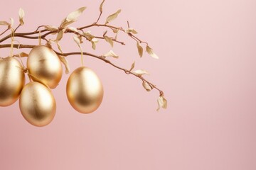 Obraz na płótnie Canvas golden easter eggs with a spring branch on pastel pink background copy space right