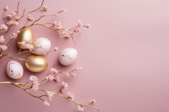 golden easter eggs with a spring branch on pastel pink background copy space right
