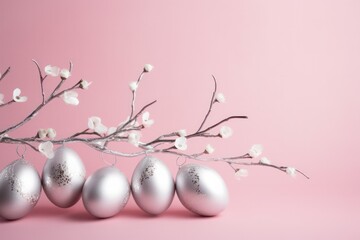 silver painted easter eggs with a spring branch on pastel pink background copy space right top
