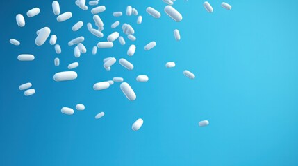 white capsules and pills falling down on blue background banner copy space right bottom. Pharmaceutical business and medical science. 