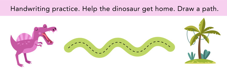 Handwriting practice. Cute dinosaur and home. Puzzle game for preschool children. Activity for kids. Cartoon vector illustration.