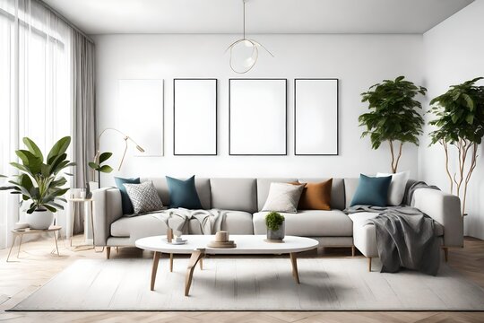Immerse yourself in the sophistication of a minimalist living room, boasting Scandinavian influences, an empty wall mockup, and a white blank frame inviting personalization.