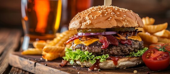 Double smash burger with cheese, lettuce, onion, dressing, fries, and cold beer on a cutting board - obrazy, fototapety, plakaty