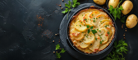 Potato scallops: Layers of thinly sliced ​​potatoes baked in a creamy sauce made from milk, cheese and butter. - obrazy, fototapety, plakaty