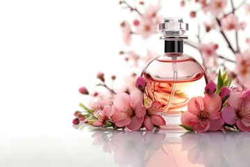 Obraz na płótnie Canvas Perfume bottle with fresh flowers on white background