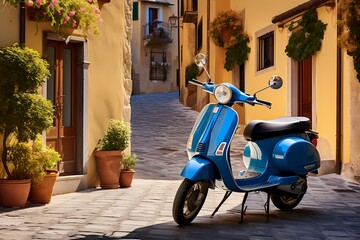 Fototapeta na wymiar Scenic view of a blue scooter leisurely parked on the sunlit streets of a small Italian town, exuding a timeless and tranquil atmosphere