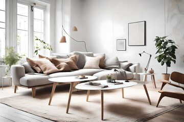 Step into a cozy Scandinavian sanctuary with a sleek sofa and coffee table, surrounded by pastel tranquility, and an empty wall poised for your artistic ingenuity.
