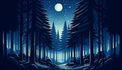 Fototapeta na wymiar A serene nocturnal landscape with soft moon glow casting over pine trees, creating a dreamlike backdrop for narratives. Generative AI. 