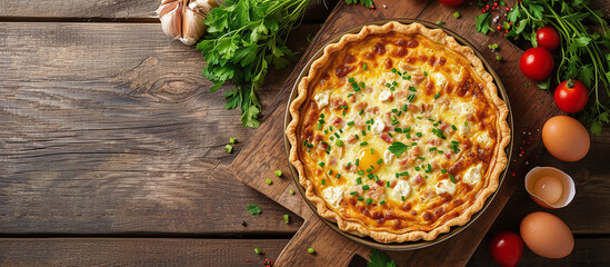 Quiche is a savory pie consisting of a pastry crust filled with a custard of eggs and cream, as well as various ingredients such as cheese, vegetables, and meat.