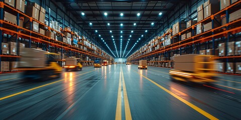 Warehouse Workers on the Move: A Nighttime Shot of a Fully Lit Warehouse with Trucks and Boxes Generative AI