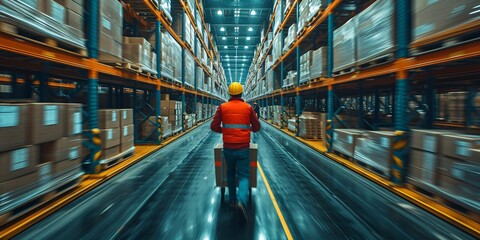 Warehouse Worker in Red Jacket and Safety Vest Generative AI