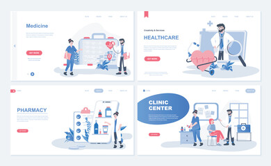 Obraz na płótnie Canvas Medicine web concept for landing page in flat design. Medical services, healthcare programs, pharmacy and online drugstore, clinic center. Vector illustration with people characters for homepage