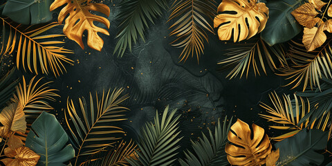 Fototapeta premium Gold colored tropical leaves on black background.