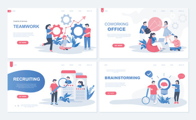 Office teamwork web concept for landing page in flat design. Colleagues brainstorming and collaboration, coworking space, recruiting process. Vector illustration with people characters for homepage