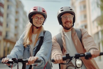 Naklejka premium Happy couple driving electric scooters on city streets