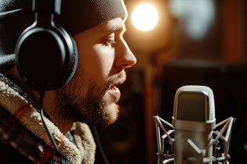 Young man singing with microphone and recording new song in studio