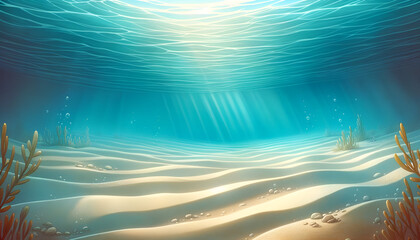 Sun-kissed seabed with gentle seagrass and scattered seashells, a peaceful illustration for young readers, made with Generative AI. 
 - obrazy, fototapety, plakaty
