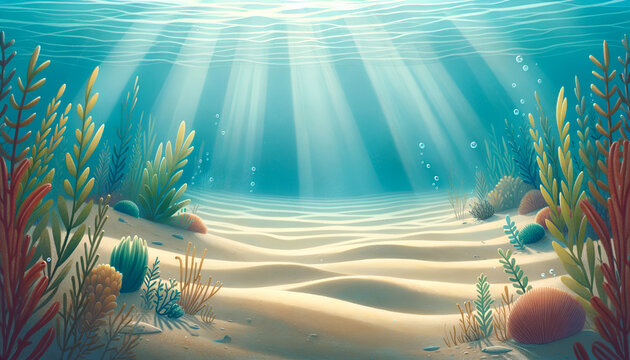 Sun-kissed seabed with gentle seagrass and scattered seashells, a peaceful illustration for young readers, made with Generative AI. 
