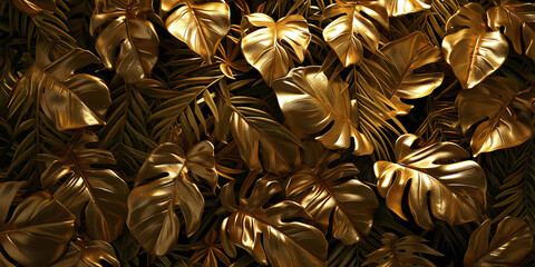 Gold colored tropical leaves on black background.