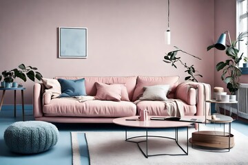 Cool and contemporary - a baby pink sofa and a glass coffee table in a Scandinavian room with an empty soft blue wall.
